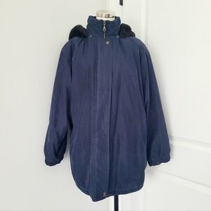 Navy Faux Fur Lined Hood Insulated Coat Classic Fall Preppy Ski Travel Winter